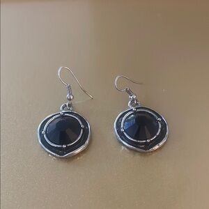 Black Gem and Silver Tone Drop Earrings, Hook Backing
